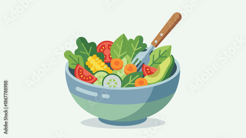 Stylized bowl of fresh salad with fork. Healthy eating diet concept. Flat vector illustration. Organic vegetables. Vegetarian vegan food. Nutrition weight loss. Tasty vitamin meal.