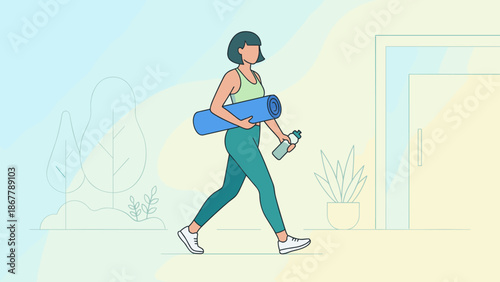 Young woman walking with yoga mat. Fitness girl going to gym class. Healthy lifestyle concept. Flat vector illustration. Active female character. Sport workout and wellness training