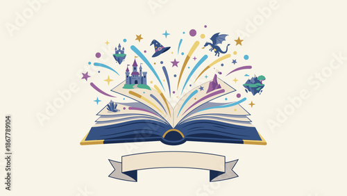 Magic open book fantasy world. Storytelling imagination concept. Fairy tale adventure. Dragon, castle, wizard hat. Education, reading, literature. Flat vector illustration graphic.