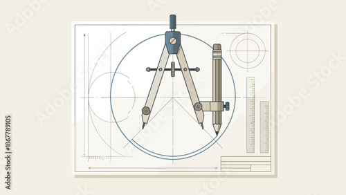 Compass drawing circle on blueprint. Geometry precision concept. Architectural drafting tool. Engineering design plan. Technical sketch. Math equipment. Flat vector illustration