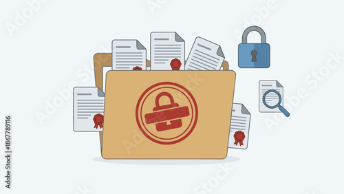 Confidential folder with secret documents. Data privacy and security concept. Flat vector illustration. Business protection. Classified records. Private file. Sensitive paperwork.