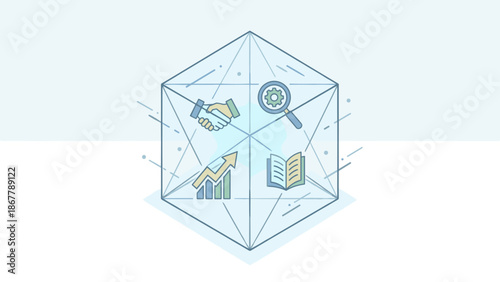 Business transparency concept. Transparent glass box with business icons. Open corporate strategy. Clear vision. Trust, integrity. Flat vector. Honest visibility. Linear design.