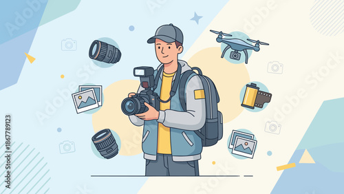 Professional photographer character holding digital camera with flash. Photography hobby and career concept. Young cameraman taking pictures. Flat vector illustration design graphic