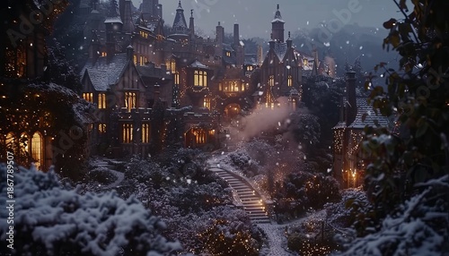 Enchanting winter village with warm glowing windows and gentle snowfall in a cozy cinematic setting