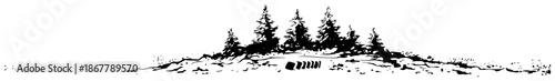Panorama vector sketch of pine forest and rocky landscape silhouette