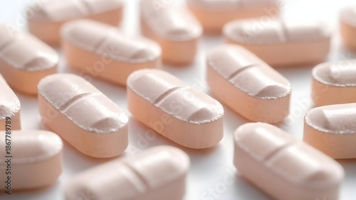 Macro Close-Up of Medical Pills and Capsules Scattered on a Bright White Surface