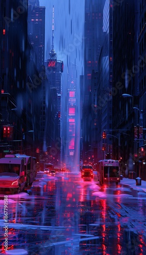 Urban winter night  snow falling on neon lit streets in a realistic cityscape scene