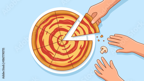 Stylized pizza top view one slice separated. Sharing food concept. Flat vector illustration. Italian fast food lunch. Delicious cheese party snack. Portion. Eating together. Piece.