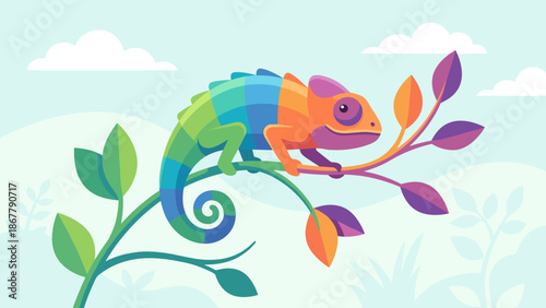 Stylized colorful chameleon lizard on branch. Adaptability and flexibility concept. Changing skin color camouflage. Rainbow reptile animal. Nature wildlife vector. Flat design art.