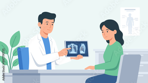 Doctor showing chest x-ray on tablet to patient. Modern healthcare consultation. Physician explaining lung scan. Digital medical technology. Clinic appointment. Flat vector.