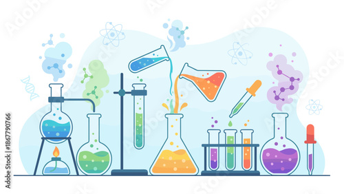 Stylized chemistry beakers with colorful liquids. Scientific experiment concept flat vector. Laboratory research equipment. Chemical reaction analysis. Test tubes glassware study science.