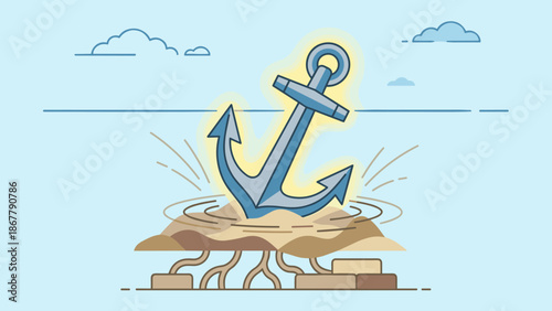Stylized blue anchor hitting ocean floor sand. Grounding stability concept. Nautical marine symbol security. Underwater sea bottom splash. Heavy metal drop. Flat vector illustration.