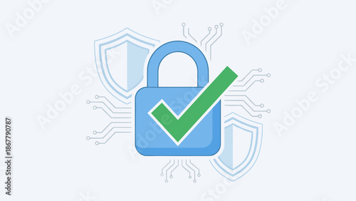 Cyber security concept. Blue padlock with green check mark. Digital safety and data protection. Verified internet privacy. Secure web access. Antivirus technology. Authentication.