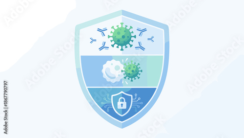 Shield protection concept. Immune system defense against virus. Antivirus technology security. Medical health safety and digital cybersecurity. Flat vector illustration design.