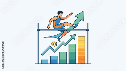 Athlete high jump over bar. Raising the bar concept. Financial growth chart arrow. Success achievement improvement. Corporate performance goal. Flat vector illustration design.