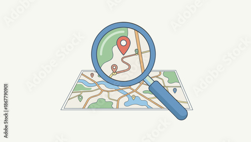 Magnifying glass search map. Location navigation concept. Flat vector illustration. GPS pin marker. Route finder path. Discovery zoom. Travel destination journey spot finding place address.