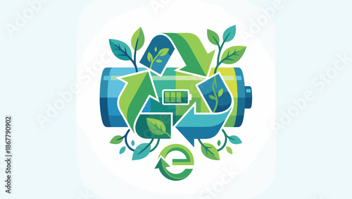 Stylized battery recycling concept. Green energy and waste management. Sustainable power source. Ecology symbol with arrows. Environmental protection. Flat vector illustration icon.