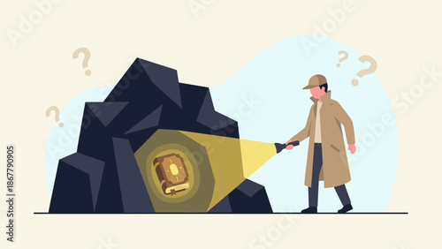 Detective with flashlight searching for hidden book in dark cave. Investigation and discovery concept. Finding secret knowledge. Mystery and solution. Person exploring. Flat vector.