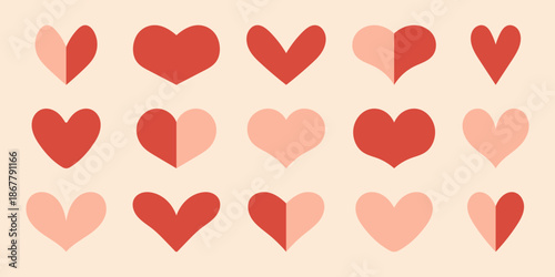 Vector set of red, pink geometric heart icons in different half