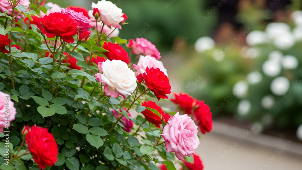 Obraz premium Colorful rose bush blooming in garden with lush green background 