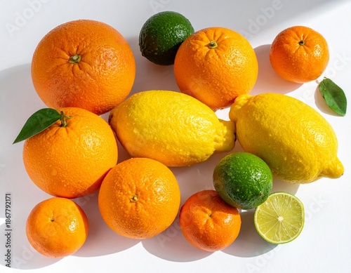 A bright and airy photograph of fresh citrus fruits including oranges, lemons, and limes