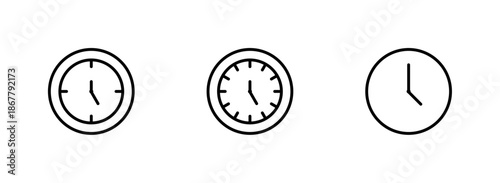 Outline analog clock and time icon set, Schedule and deadline symbols, Watch and timer UI elements, Punctuality and management graphics, Minimalist line art vector collection