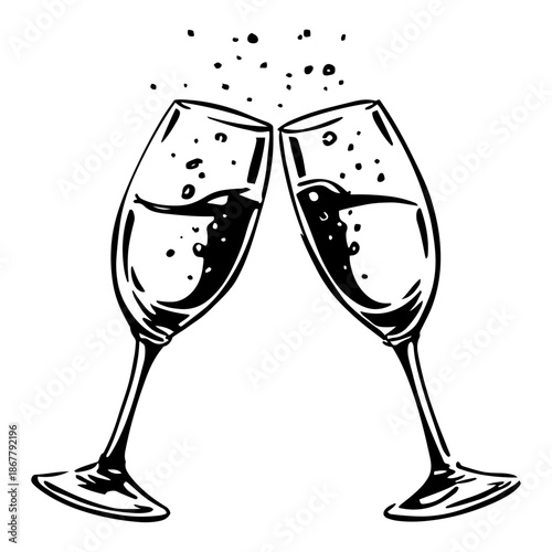 Two clinking champagne glasses with splashing bubbles in hand drawn sketch style