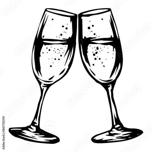 Two champagne glasses clinking for a celebratory toast in hand drawn sketch style