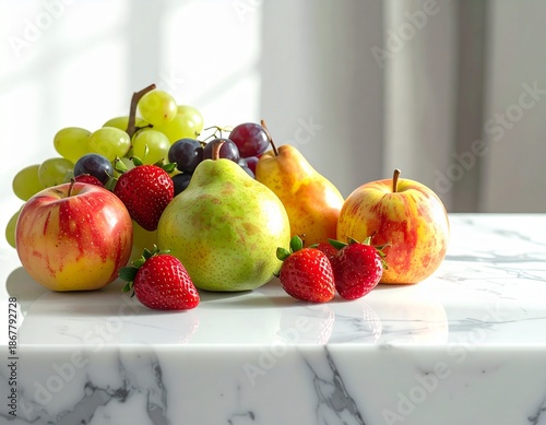 A luxury aesthetic photograph of assorted fresh fruits arranged elegantly on a marble table, soft studio lighting, premium food photography style