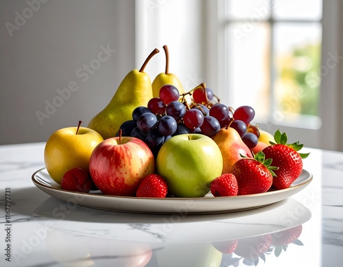 A luxury aesthetic photograph of assorted fresh fruits arranged elegantly on a marble table, soft studio lighting, premium food photography style
