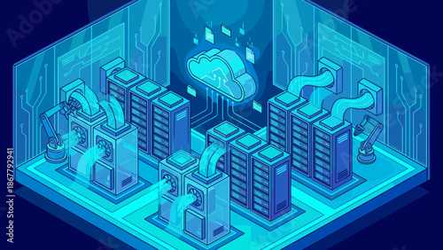 Isometric server room. Cloud computing infrastructure. Big data center storage. Network technology. Digital system. Web hosting. Cyber database. Cooling. Server farm hardware.