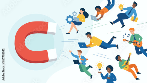 Talent acquisition and recruitment concept. Large magnet attracting talented people. Business hiring and headhunting. HR human resources. Find new staff employees. Job candidate search