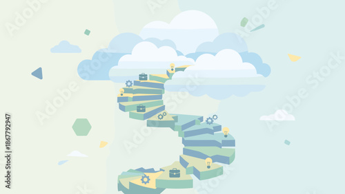 Staircase to clouds. Career ascension concept. Business growth progress. Corporate ladder metaphor. Ambition achievement. Future goal steps. Sky stairway path. Opportunity rising up