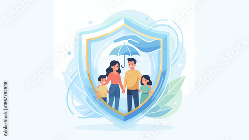 Family life insurance protection concept. Shield covering parents and children. Safety security metaphor. Financial care. Future secure coverage. Health guarantee. Flat vector.