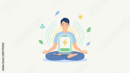 Person meditating with battery charging icon. Recharging energy and mental health wellness concept. Burnout recovery. Mindfulness relaxation. Spiritual balance. Stress relief. Zen life