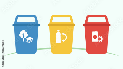 Recycling bins set for waste segregation. Paper plastic metal sorting containers. Ecology sustainability concept. Garbage management. Trash can icons. Environment protection. Flat vector
