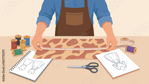 Tailor measuring fabric. Tape measure. Fashion design concept. Dressmaker workspace. Cloth pattern. Handmade process. Seamstress workshop. Scissors thread. Flat vector illustration.