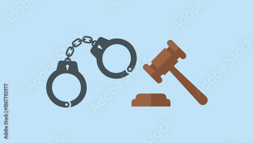 Handcuffs and judge gavel icon. Crime and punishment concept. Legal system, justice and law flat vector illustration. Police arrest and court verdict. Lawyer equipment. Jail imprisonment.