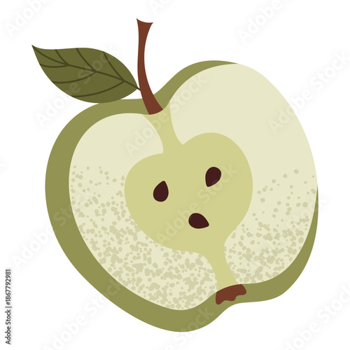 Simple green apple slice illustration. Fresh green apple fruit cut in half. Healthy food concept. Minimal flat vector design for interior, poster, cover, banner. Isolated on white background.