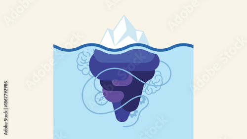 Iceberg vector illustration. Tip above water with massive hidden depth underwater. Metaphor for subconscious mind, business risk, unseen problem. Flat style concept. Blue sea graphic.