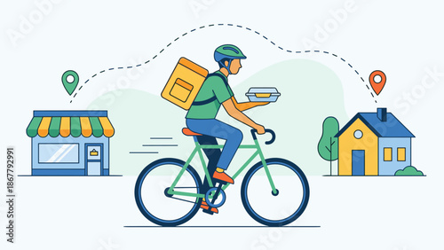 Food delivery service courier riding bicycle with meal box. Restaurant to home route line. Fast shipping concept. Online order tracking. Urban transport. Takeaway lunch vector.