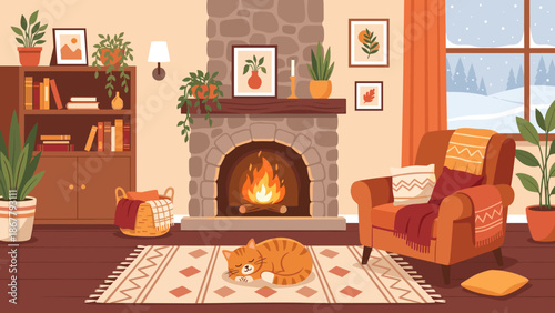 Cozy living room interior. Stone fireplace. Cat sleeping on rug. Winter home comfort. Hygge lifestyle. Warm atmosphere. Flat vector illustration. Furniture design. House background