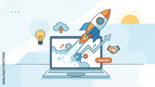 Business startup project launch. Rocket ship taking off from laptop computer. Digital innovation boost. Technology strategy concept. Entrepreneurship success. Market growth plan.