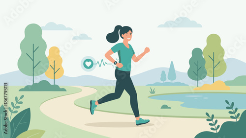 Woman jogging in park with smartwatch. Runner tracking heart rate pulse. Fitness technology concept. Healthy lifestyle cardio workout. Wearable gadget. Outdoor sport. Flat vector.