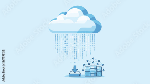Cloud computing concept raining binary code. Server download flat vector illustration. Digital storage network database transfer. Internet technology connection. Secure web backup.