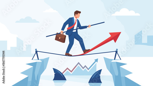 Businessman balancing tightrope. Risk management concept. Corporate challenge. Brave executive walking rope. Career difficulty. Unstable path success. Crisis strategy. High risk