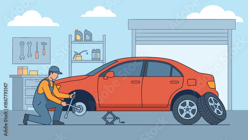 Professional auto mechanic changing flat tire in garage. Car service maintenance concept. Vector illustration. Vehicle repair worker. Wheel replacement. Automobile workshop station.