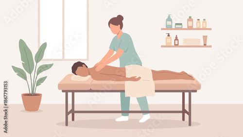 Person getting back massage spa table. Physical therapy relaxation concept. Professional therapist working client salon. Wellness healthcare body treatment. Flat vector illustration