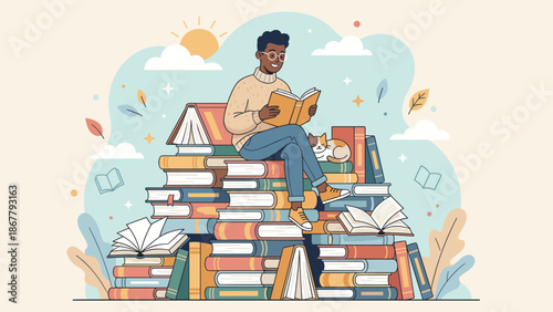Person reading open book sitting on giant stack of hardcovers. Concept of education knowledge literature and imagination. Library pile. Student learning. Bookworm character. Vector