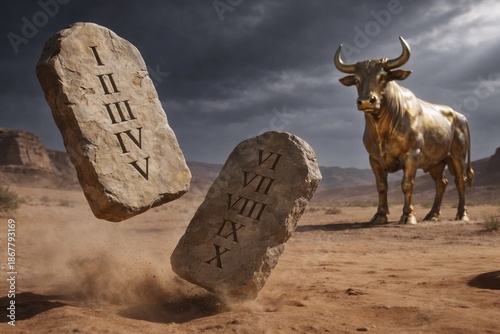 Biblical scene of Ten Commandments stone tablets falling on desert ground with Golden Calf in background, concept of idolatry, sin and Exodus history.